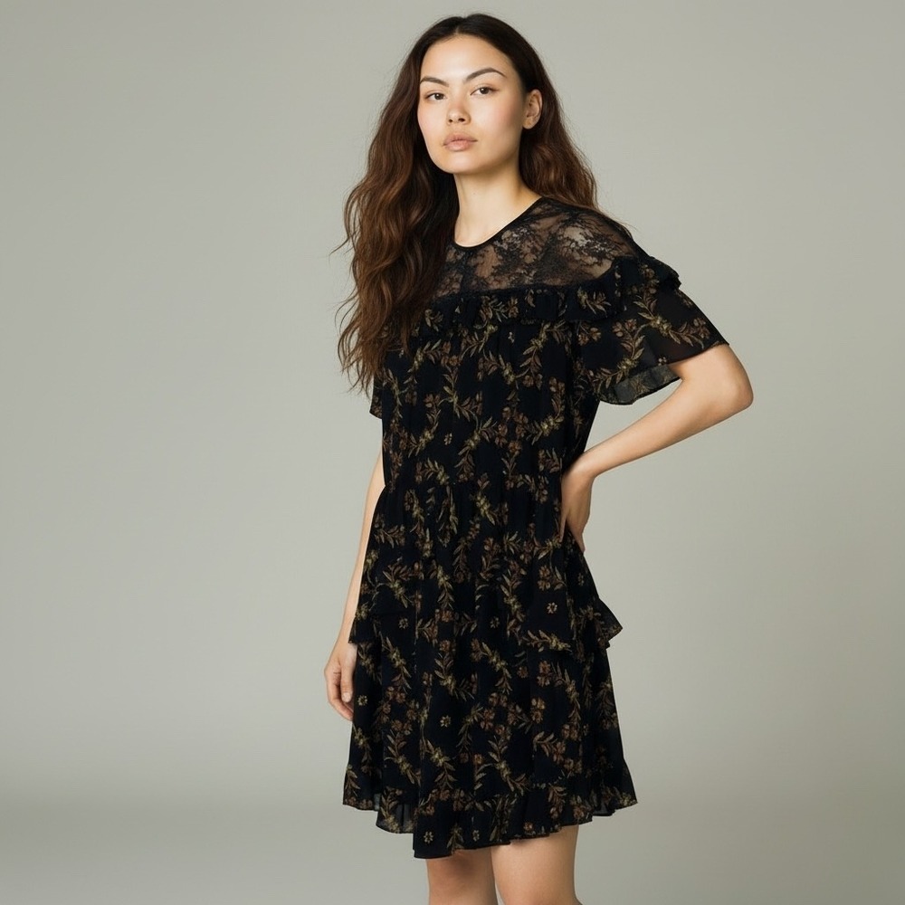 NWOT Sandro | Alderic Black Lace Butterfly Print Ruffleβ Mini Dress, EU 36/US S